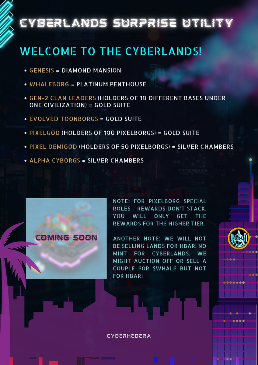 🚨🚨🚨

DROPPING SOME SURPRISE UTILITY FOR THE ENTIRE CYBER HEDERA ECOSYSTEM! ❤️

CYBERLANDS IS COMING AND SPECIAL ROLES WILL GET IT FOR FREE! 🦾💖

PS. WE WON’T BE SELLING IT FOR HBAR - NO MINT FOR CYBERLANDS. 🦾

#HederaNFT #HBARNFT #NFT