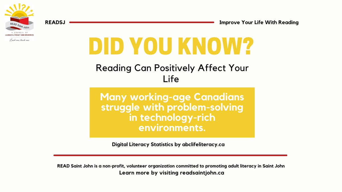 Many working-age Canadians struggle with problem-solving in technology-rich environments and we're aiming to change the status quo. 

Learn how you can help: readsaintjohn.ca/donate

#readingisfun #literacymatters