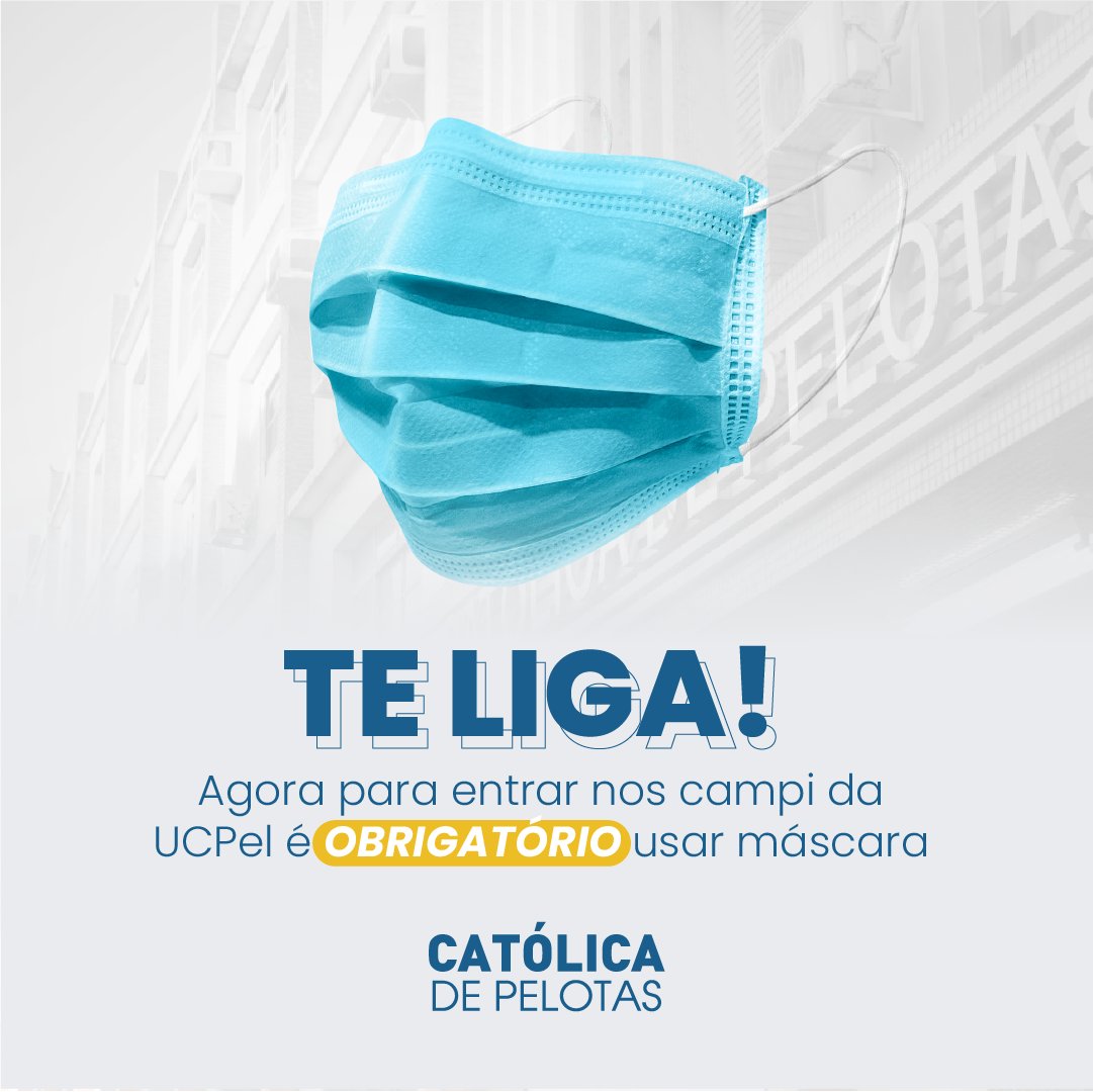 UCPel's tweet photo. Atenção!📌
Tornou-se obrigatória a utilização de máscara de proteção facial nos espaços internos do Campus I, Campus Santa Margarida e Lar da Criança São Luiz Gonzaga da Católica de Pelotas! 😷
#ucpel
#covid19
#pelotas https://t.co/xlLAG8UUVl