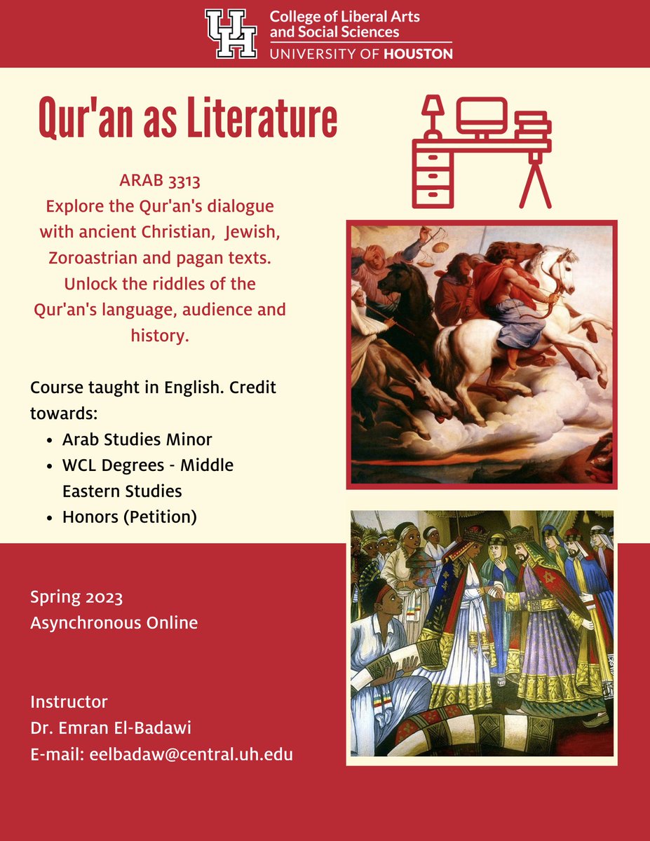 Interested in the course ?
Need credit for your WCL Degrees in Middle Eastern Studies OR your Arab Studies Minor ?

Enroll in the asynchronous online course: 
ARAB 3313; "Qur'an as Literature".

Semester: Spring 2023.

For any questions, contact Dr. Emran El-Badawi.