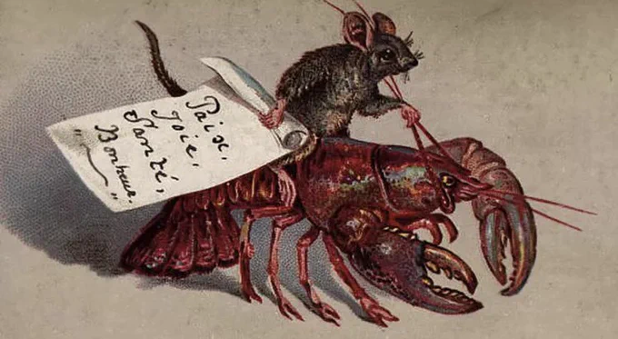 Back in the good old Victorian days, Christmas card artists knew that nothing says merry Christmas quite like a mouse riding a lobster, a frog-on-frog murder, a monkey painting a dog while being spied on by another monkey, and a child boiled in a teapot. 