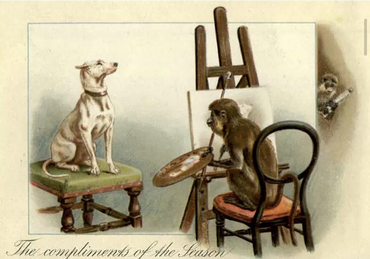 Back in the good old Victorian days, Christmas card artists knew that nothing says merry Christmas quite like a mouse riding a lobster, a frog-on-frog murder, a monkey painting a dog while being spied on by another monkey, and a child boiled in a teapot. 