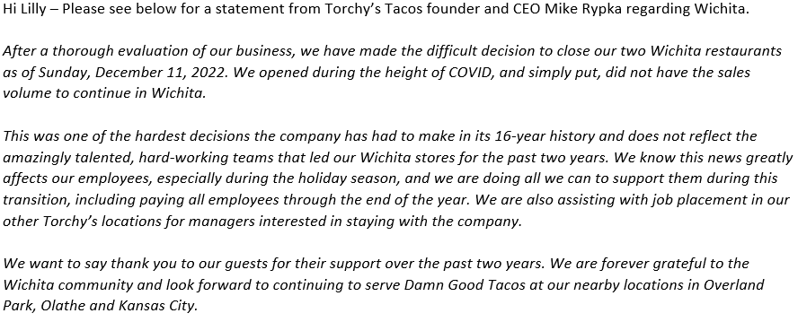LilyWuKansas's tweet photo. Why did @torchystacos close in Wichita? They "did not have the sales volume to continue in Wichita."
There are other national retail stores and restaurants that are coming to Wichita in 2023. Hear more about this story on @kwch12 at 6pm.
#WorkWithWu #12News https://t.co/OPMegxcx76
