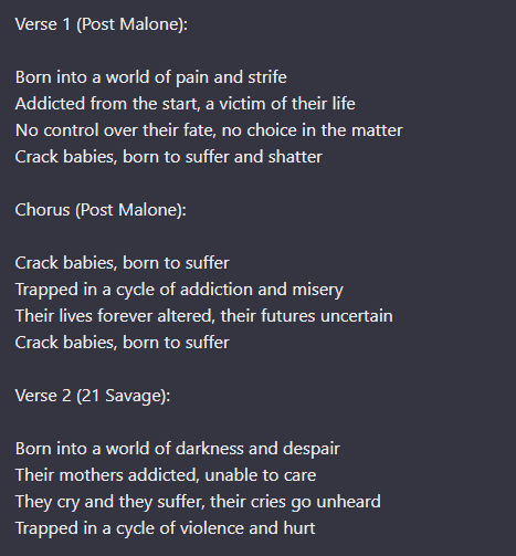 xrlabs's tweet photo. Write me a song about crack babies, written by Post Malone featuring 21 Savage https://t.co/BHmTs63vDa