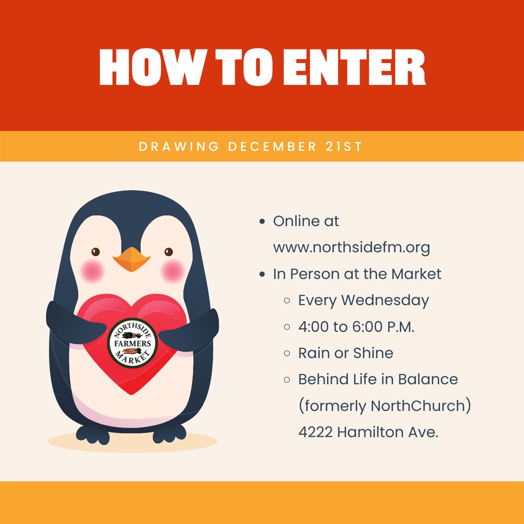Support the market this holiday season! ⭐️ Check out the great prizes we'll be raffling off on December 21st!

Naturally-Minded Basket—$60 Value
Aspiring Sous-Chef Basket—$70 Value
Local Food Lover with a Sweet Tooth Basket—$28 Value

Enter on our website or in person!