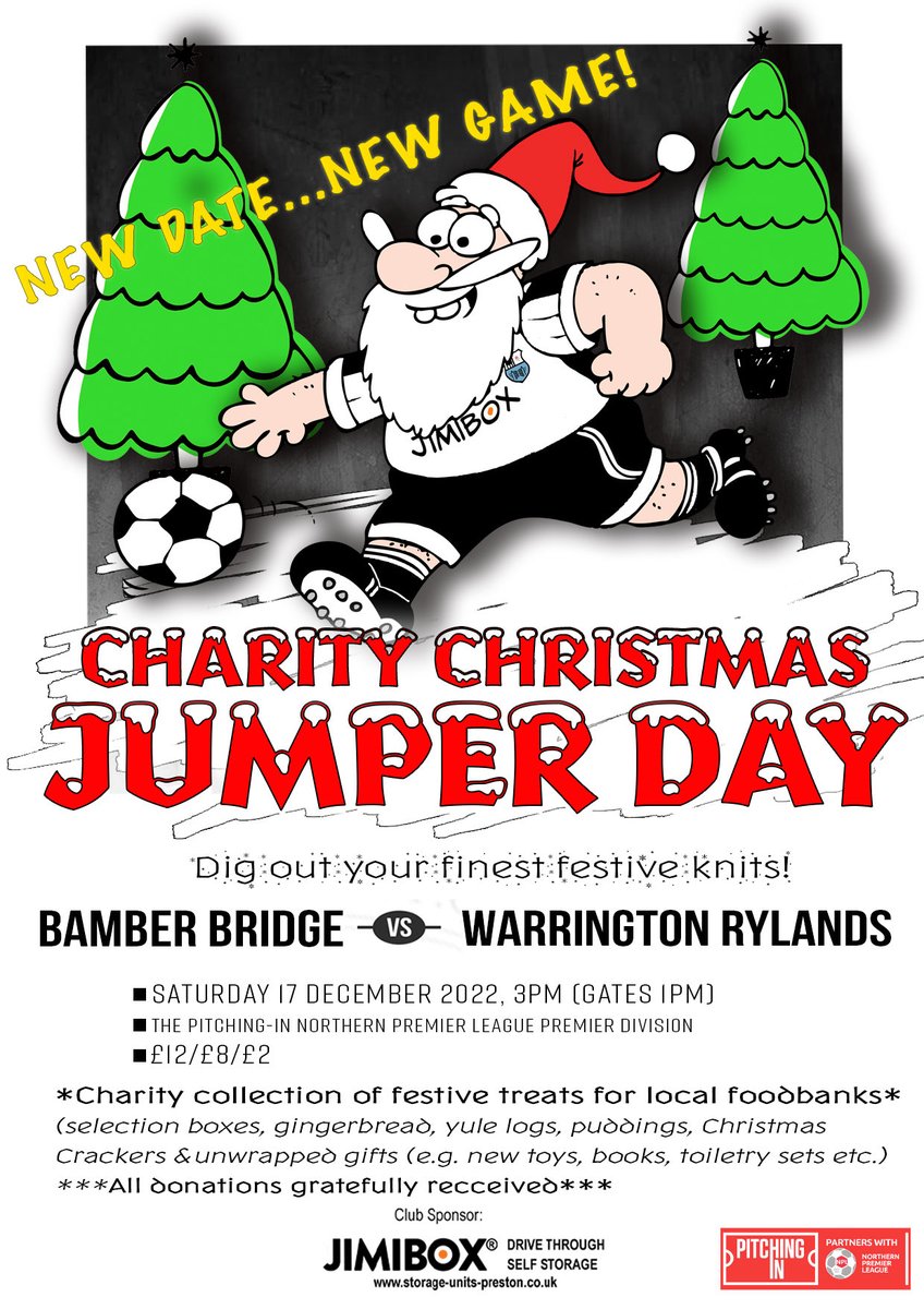 Looks like the weather is “improving” at the weekend so come and join us for our Jumper Day (by improving we mean it’s forecast above freezing and possibly raining. You’ll still need a coat). #UpTheBrig <a href="/RylandsFC/">rylandsfc</a>