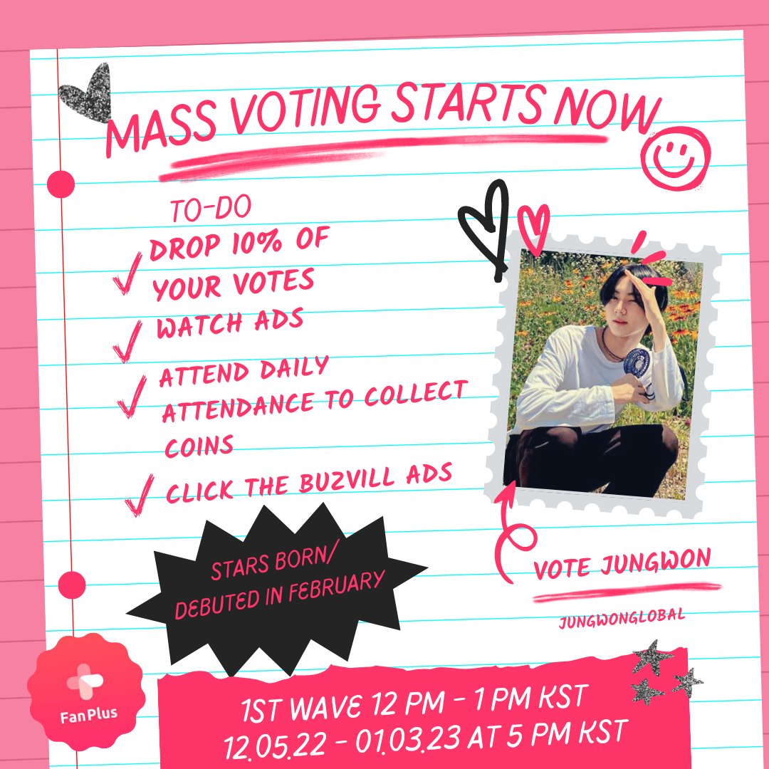 JUNGWONGLOBAL's tweet photo. [FANPLUS] 1st Wave of Mass Voting for #JUNGWON on 'Stars Born in February' Starts Now

🎯 Goal: #1
🗓️Ends: 01/03/23
🎟️Referral Code: #fcef4451 
🔗Tutorial: https://t.co/dPEMKK92s2
🗳️Vote Here: https://t.co/hy5UyiPs0J

#정원 #엔하이픈_정원 
@ENHYPEN_members @ENHYPEN https://t.co/Zk6dCdv0ix