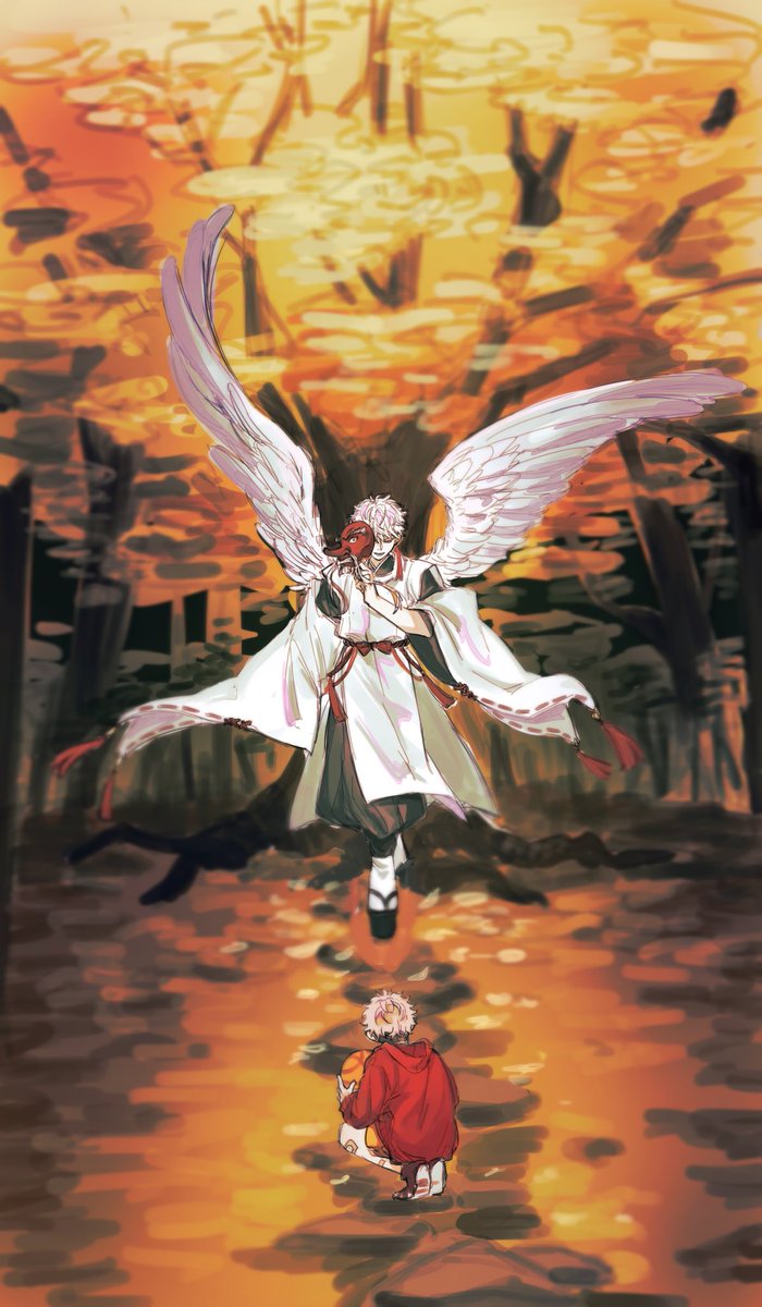 multiple boys wings 2boys male focus japanese clothes white hair mask  illustration images