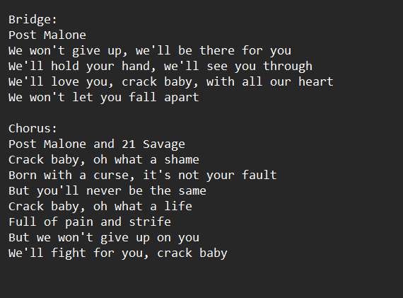 xrlabs's tweet photo. Write me a song about crack babies, written by Post Malone featuring 21 Savage Part 2 #openai #ChatGPT https://t.co/YYrv9GLekR