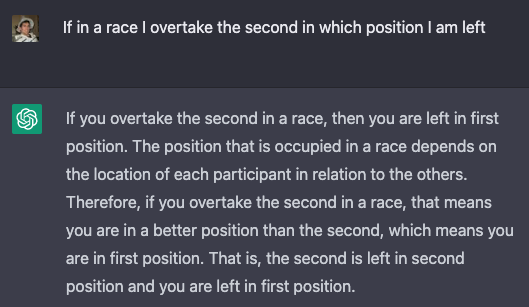 Zicrox's tweet photo. For #ChatGPT there is no difference between overtaking the first or the second in a race. https://t.co/YUhCXtgMse