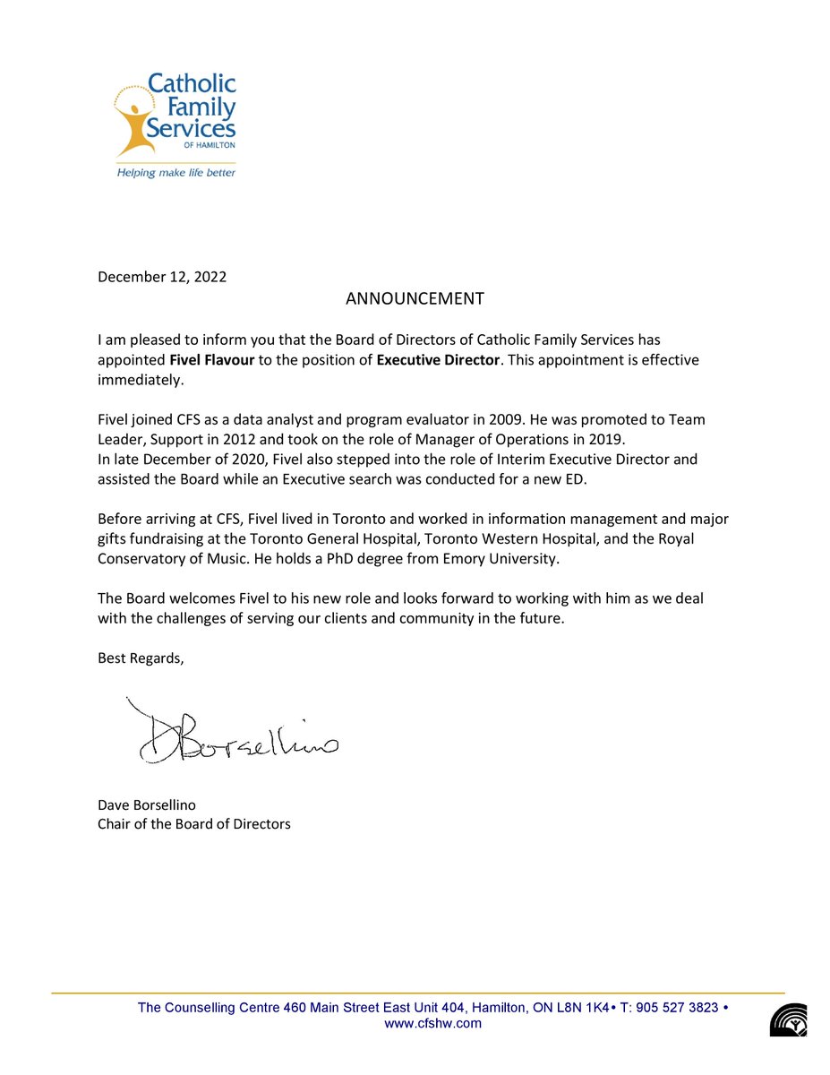 CFSHW's tweet photo. The Board of Directors of Catholic Family Services has appointed Fivel Flavour to the position of Executive Director. This appointment is effective immediately. See below for a letter from Dave Borsellino, Chair of the Board of Directors https://t.co/t00HwF9XsF