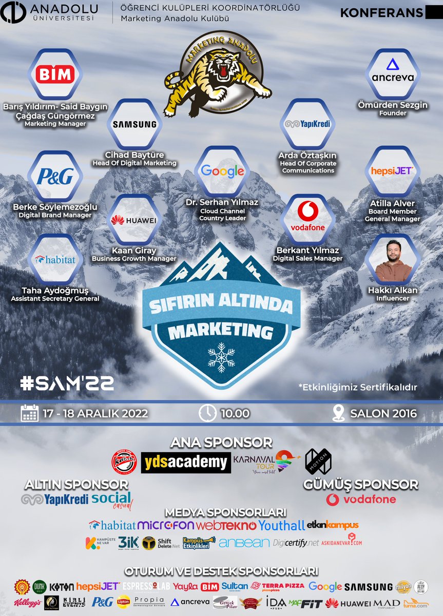 MARKETING ANADOLU GURURLA SUNAR!🐯

Bu sene 17. kez düzenleyeceğimiz; kampüsün en büyük etkinliği olan “Sıfırın Altında Marketing’22”, 17-18 Aralık tarihlerinde Öğrenci Merkezi'nde gerçekleşecek!❄️🥶

#SAM'22 ❄️🐯