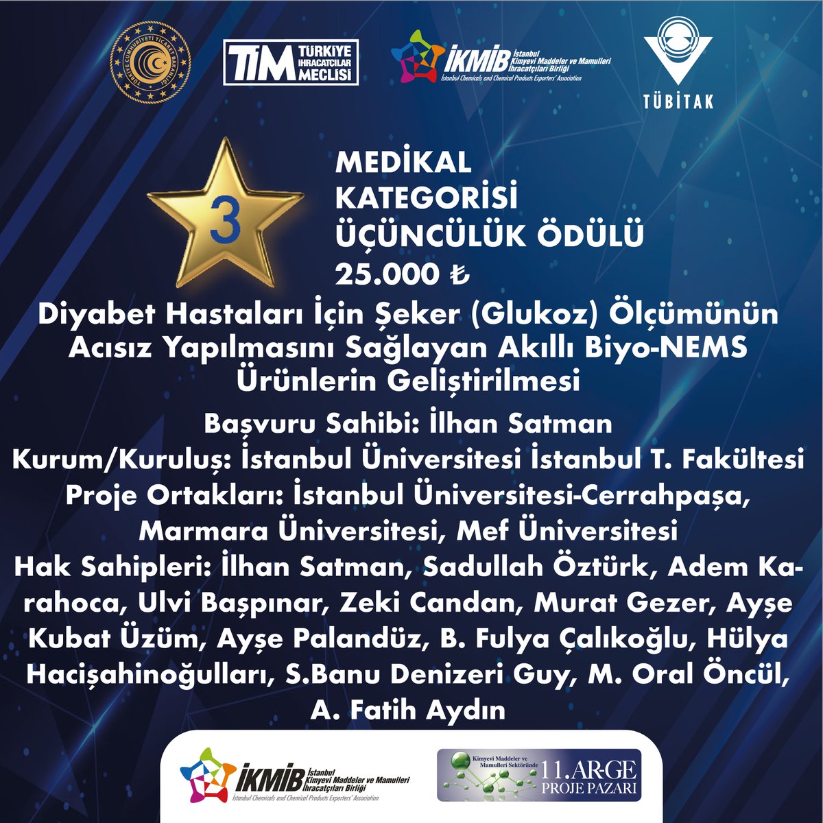 ''Kimyevi Maddeler ve Mamulleri Sektöründe Ar-Ge Proje Pazarı'' etkinliğimizin 11. yılında ''Medikal'' kategorisinde ödül kazanan proje sahiplerine ve projelerin paydaşlarına başarılarının devamını dileriz.
#araştırdıkçagelişiyoruz #ikmib #kimyaargeprojepazarı #argeprojepazarı