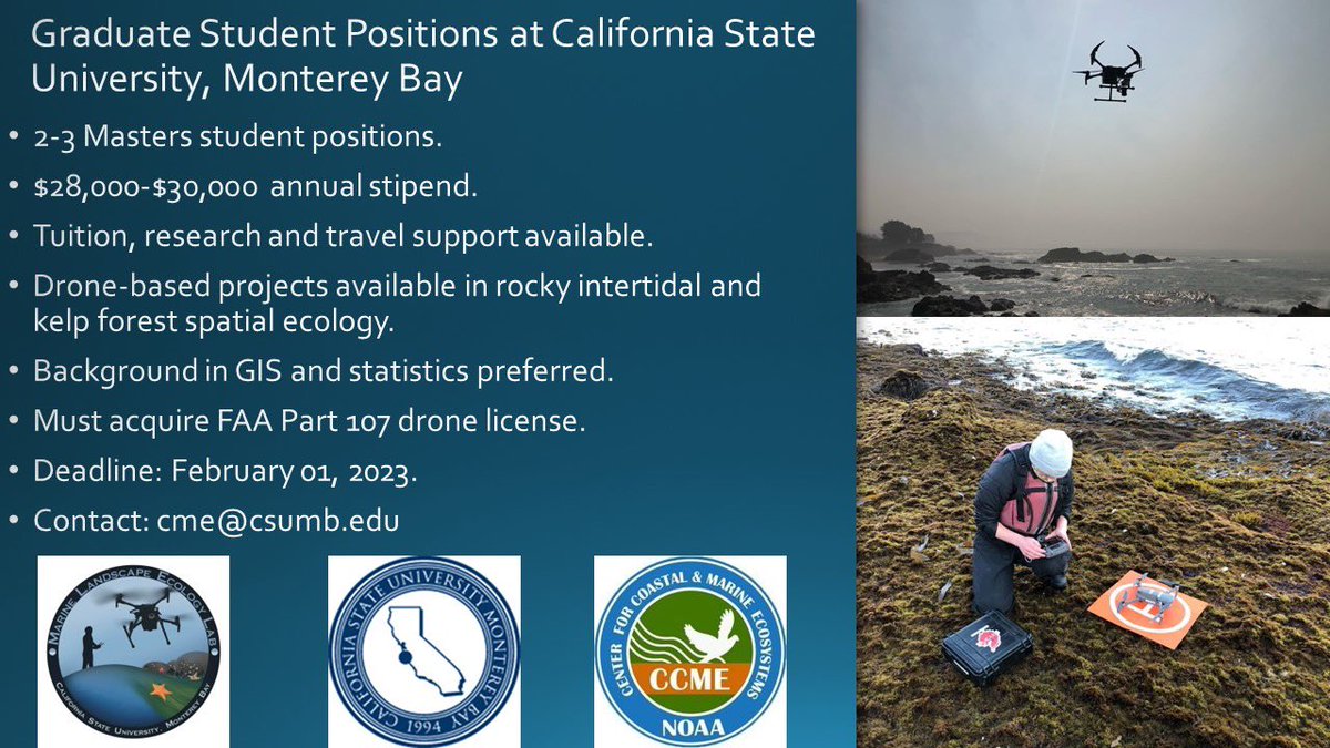 Marine Landscape Ecology Lab (@uwmlel) on Twitter photo We are advertising for 2-3 Masters positions with the MLEL drone group. Drone projects focus on spatial ecology of kelp and rocky intertidal systems. Note our funding sources require applicants be U.S. citizens or permanent residents. <a href="/CSUMB_MSCI/">CSUMB, Department of Marine Science</a> <a href="/MarineUAS/">Duke Marine Lab UAS</a> <a href="/UNC_CARDNL/">CARDNL</a> <a href="/USC_SSI/">USC Spatial Sciences</a> We are advertising for 2-3 Masters positions with the MLEL drone group. Drone projects focus on spatial ecology of kelp and rocky intertidal systems. Note our funding sources require applicants be U.S. citizens or permanent residents. <a href="/CSUMB_MSCI/">CSUMB, Department of Marine Science</a> <a href="/MarineUAS/">Duke Marine Lab UAS</a> <a href="/UNC_CARDNL/">CARDNL</a> <a href="/USC_SSI/">USC Spatial Sciences</a>