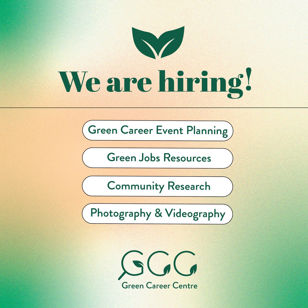 greencareerca's tweet photo. We are #hiring at the GCC! Sign-up for the Level Up program and then apply to the project postings here: https://t.co/GujWcPg9Uo. We have projects ranging from research, event planning, resource creation and photography/videography. Applications are rolling, but apply early! https://t.co/RwB6py8MO9