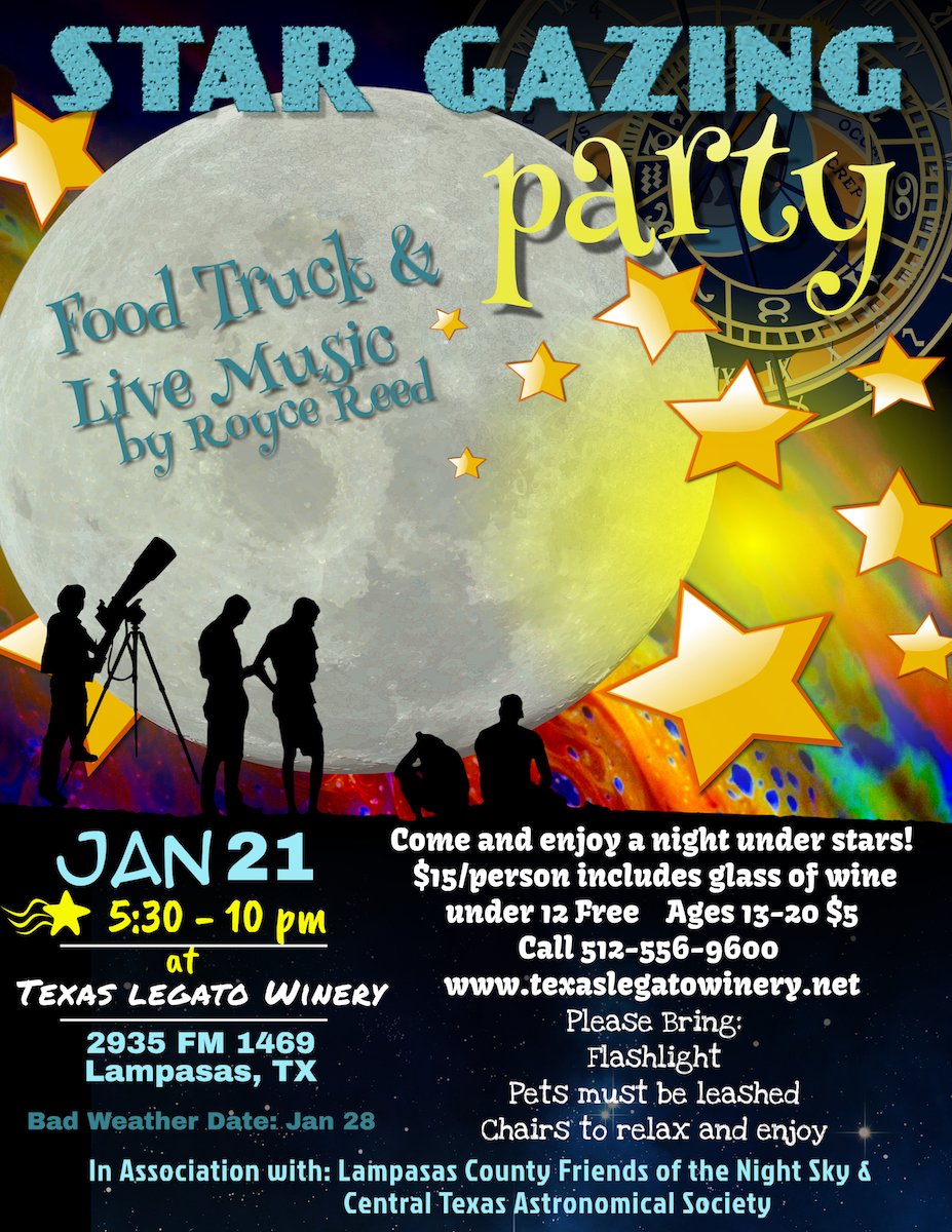 ✨🌟💫 January Star Gazing Party at Legato! Tickets: texaslegatowinery.net/store/p47/Star… #stargazing #stargazers #thestarsarebigandbrightdeepintheheartoftexas #texas #lampasas #starparty #music #foodtruck #january