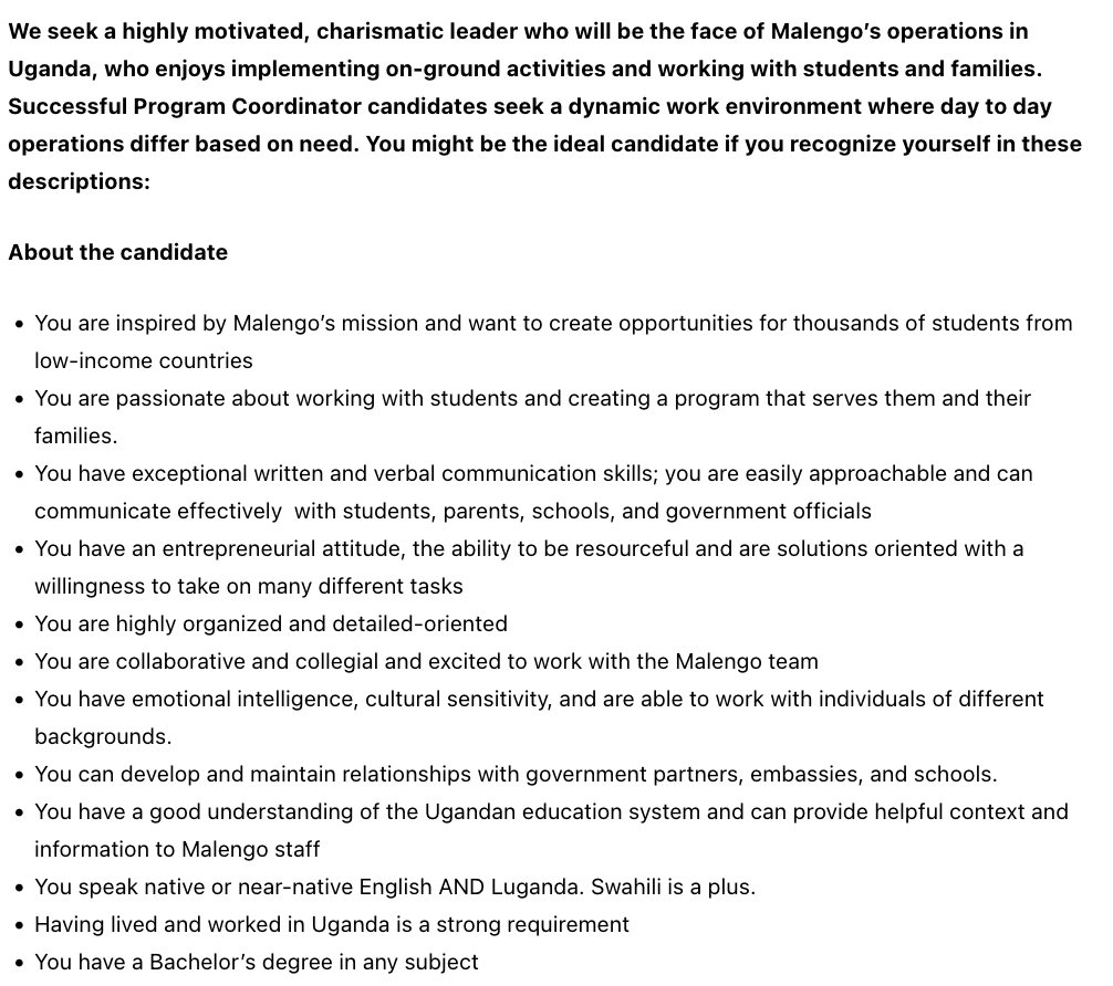 Graduate Applications International Network (GAIN) (@gain_network_) on Twitter photo Job opening with <a href="/malengo/">Malengo Inc.</a> in Uganda. Malengo is a non-profit organization that helps students from Uganda complete a Bachelor's degree in Germany
They are looking for a Program Coordinator who is fluent in both English and Luganda:
malengo.org/program-coordi⦠Job opening with <a href="/malengo/">Malengo Inc.</a> in Uganda. Malengo is a non-profit organization that helps students from Uganda complete a Bachelor's degree in Germany
They are looking for a Program Coordinator who is fluent in both English and Luganda:
malengo.org/program-coordiā¦