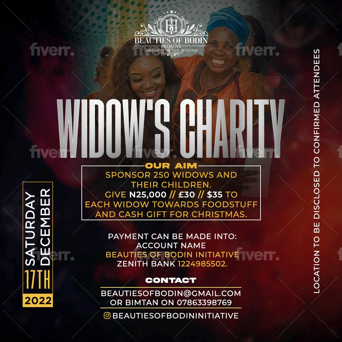 5 DAYS TO GO! We still need your support.  We are giving out food supplies, clothing and some cash to widows in Lagos on Saturday 17th December.
If you have a heart to help widows and you will like to support please send a message
#giving #widows #beautiesofbodininitiative