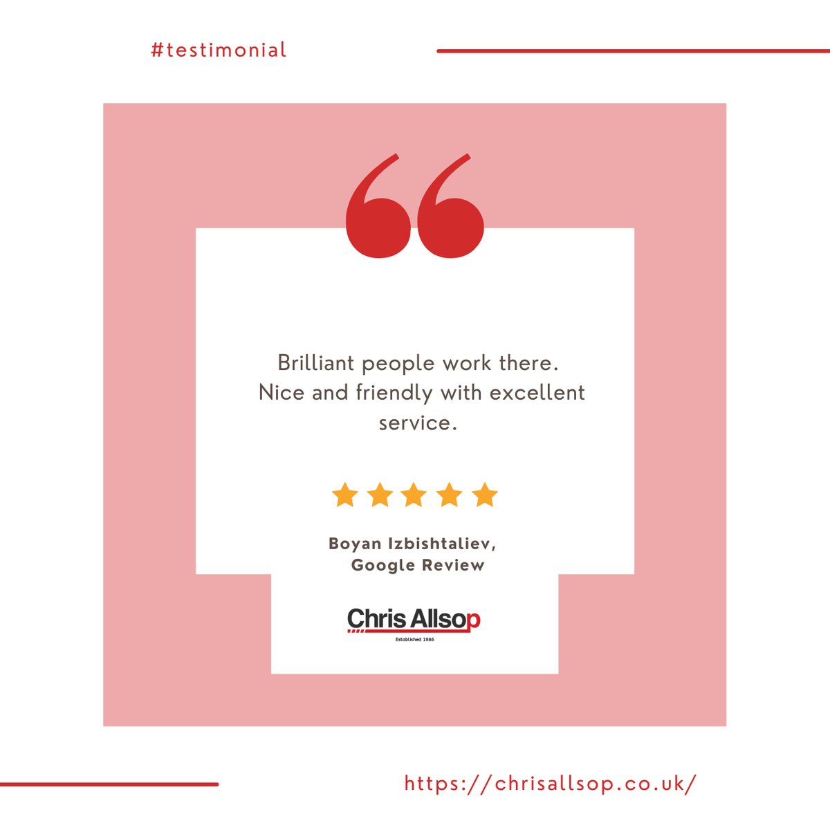 Starting the week with something positive ❤️
⠀
chrisallsop.co.uk ⠀
⠀
#googlereview #happycustomer #testimonial #cranehire #nottingham #chrisallsop #feedback #customerservice #thankyou #bestservices #clienttestimonial