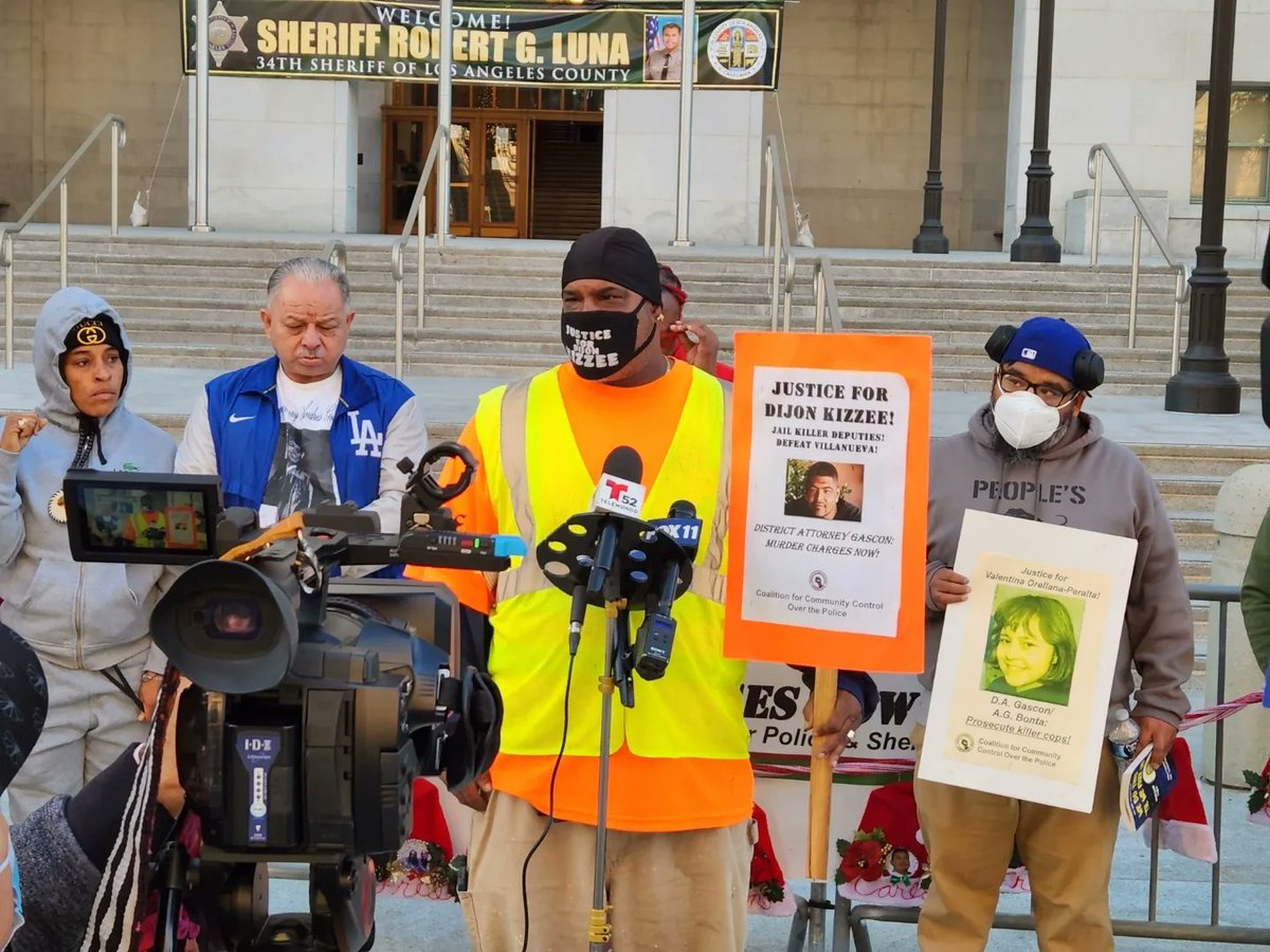 CMTYCtrlPolice's tweet photo. #HowLongGascon? Dec 7th, 2022, the families of Andrès Guardado, Dijon Kizzee, and Richard Risher gather with Coalition for Community Control Over the Police, demanding Gascon make good on the promises of his campaign- to hold killer cops and deputies accountable. https://t.co/2QHbhBBGO4
