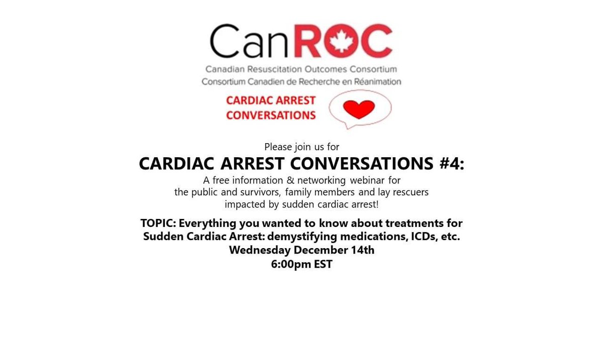 Don't miss out! The next CanROC Cardiac Arrest Conversations webinar is THIS Wednesday! *Free and open to all!* Register at Eventbrite: eventbrite.ca/e/cardiac-arre…