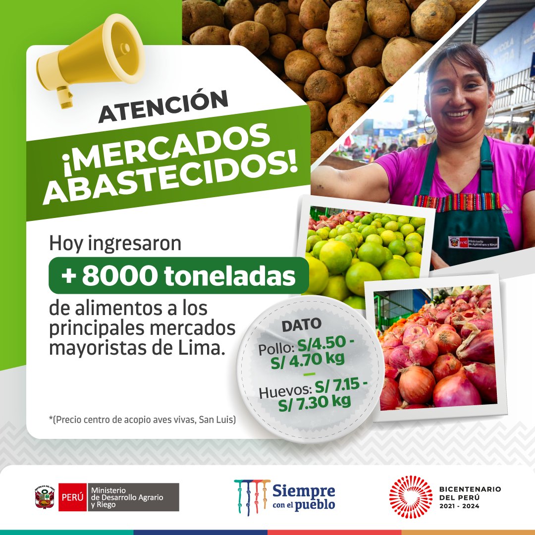 midagriperu's tweet image. Hoy se reportó el ingreso de más de 8 mil toneladas de alimentos, sumados los reportes del Gran Mercado Mayorista de Lima (GMML) y el Mercado No. 2 de frutas de La Victoria. 🍅🧅

📌 Lee la nota completa: bit.ly/3FIClzh