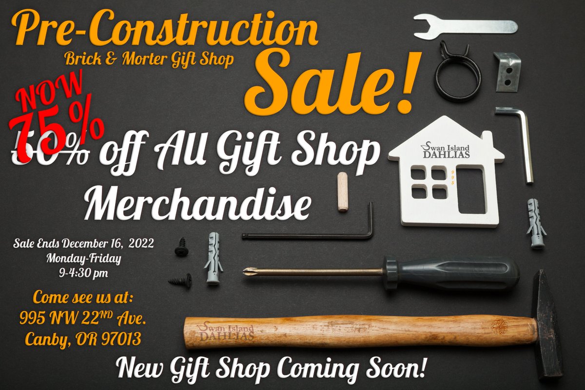 75% OFF SALE AT THE FARM GIFT SHOP! Till 
December 16, 2022!

Monday through Friday
9am-4:30pm

#dahlias #siddahlias #sidahlias #canby #oregon #siddahlialove #dahlia #dahlialove #constructionsale