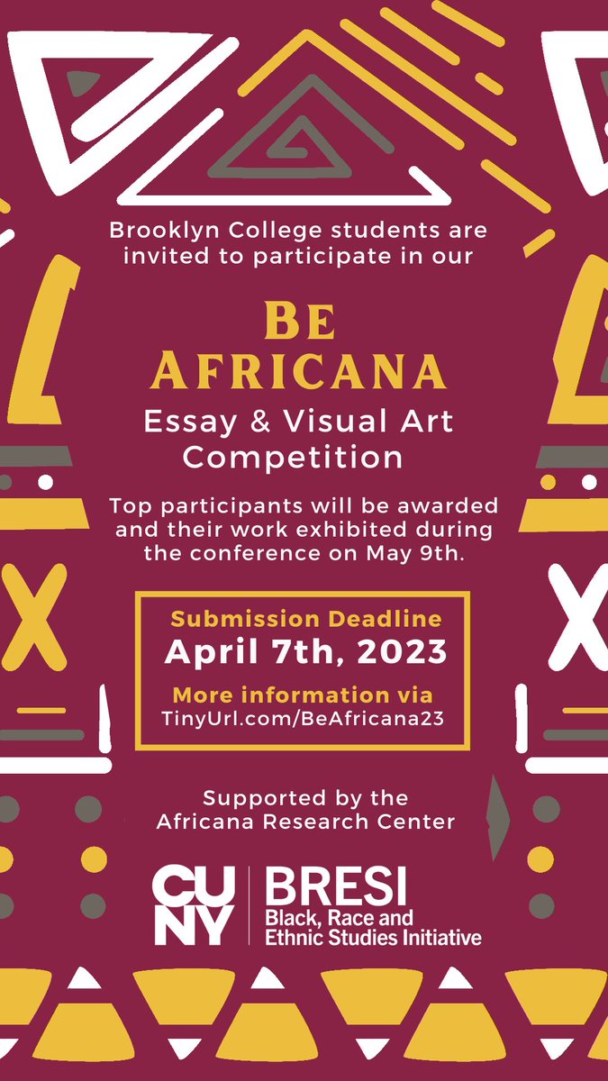 May 9, 2023 Save the date Africana Studies Conference!! 

Essay &amp; Visual Art Competition!! 

The top participants will be awarded and
their work exhibited during the conference on May 9th.

Submission Deadline: April 7th, 2023