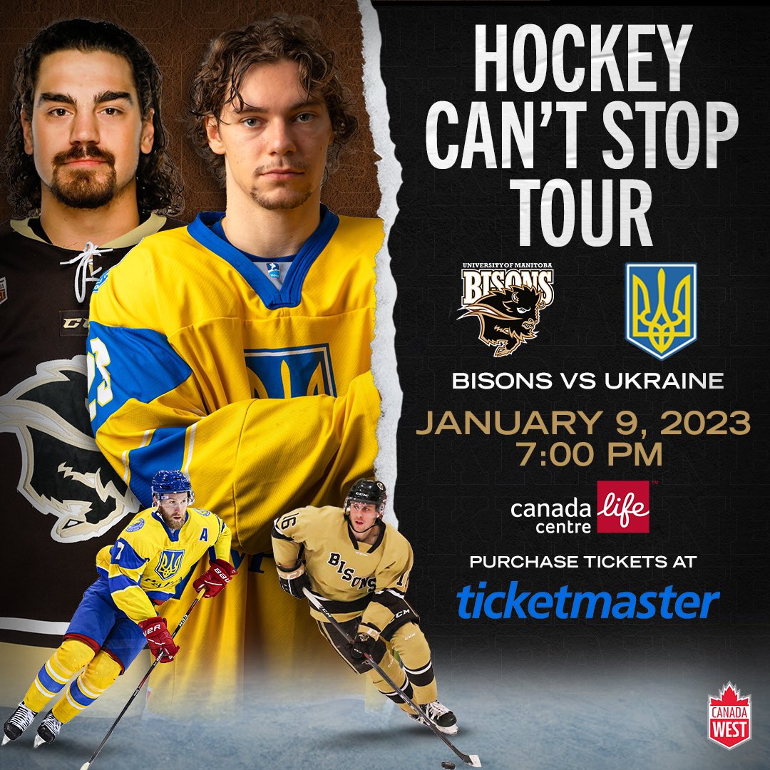 A showdown for a good cause 💛💙

The <a href="/umbisons/">Manitoba Bisons 🦬</a> will be welcoming the Ukranian National Team to <a href="/CanadaLifeCtr/">Canada Life Centre</a>  on Jan 9th, to help raise funds for Ukrainian communities and refugees impacted by the war. 

TICKETS 🎟 wpgjets.co/3HqiC8N