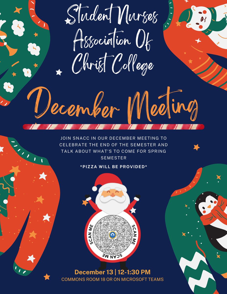 Good luck on your finals and happy holidays from SNACC!🩺💙🎄

Take a break from studying and join us at our December meeting tomorrow! It will be held at the Commons in room 18 at 12pm. Everyone is welcome!

We hope to see you there!