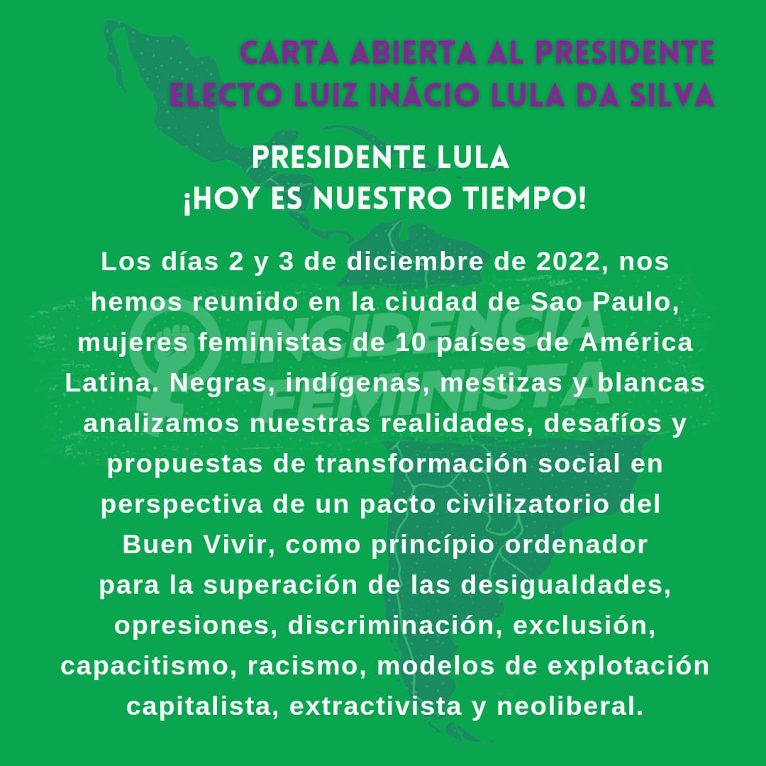 ✊🏽🇧🇷 Carta abierta al presidente electo de Brasil, <a href="/lulaoficial/">Lula</a>

🔺 Los feminismos latinoamericanos estamos para interpelar y formar parte del proceso de transformación e inclusión en Brasil y la región. 

🔺 Conocé nuestras demandas y desafíos, aquí ⏩ shorturl.at/otAB6