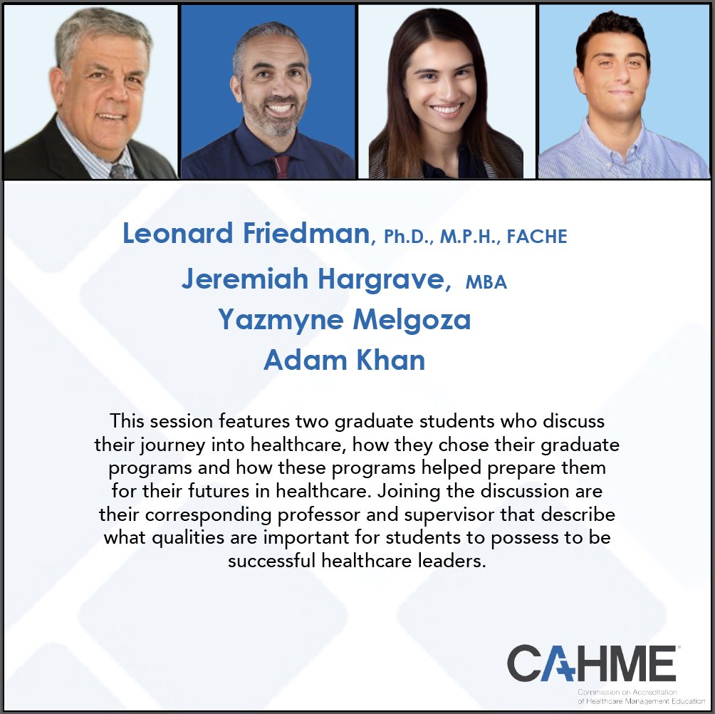 CAHMEconnects's tweet image. Thinking of earning a graduate degree in healthcare management? 

Listen to previous students, faculty, &amp;amp; preceptors on how they chose their program &amp;amp; what qualities are important to be successful. 

Listen here: buzzsprout.com/1808131/105467…

#healthcarepodcast #healthadmin