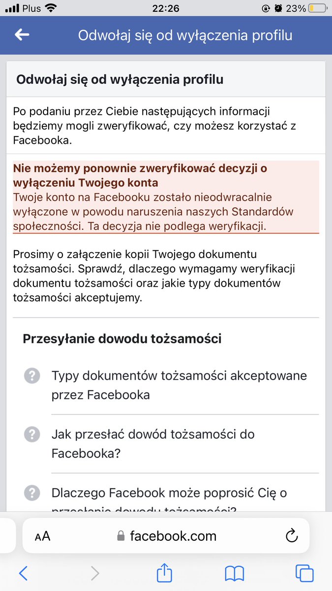 Nowotar's tweet photo. Twitterze pomocy! Facebook bez podania przyczyny skasował bezpowrotnie profil bliskiej mi osoby za "naruszenie standardów społeczności". Czy może ktoś podpowiedzieć co można zrobić w takiej sytuacji? Dla jasności nigdy żadne kontrowersyjne treści nie były dodawane. #Facebook https://t.co/f1IZUZ1V95