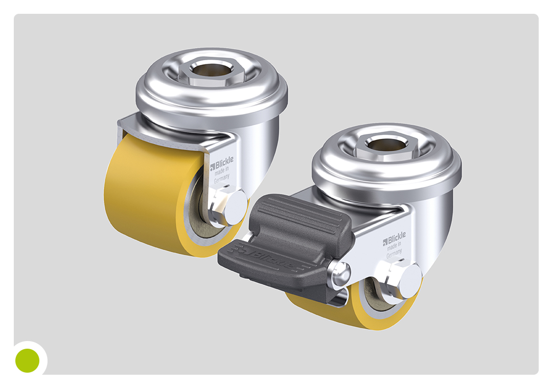 Very small heavy-duty wheels with a 35-millimeter wheel diameter enable a load capacity per roller of up to 250 kilograms with particularly low overall heights.
Blickle now also offers a locking version compact castors with wheel diameters of 35, 50 and 60 millimeters.