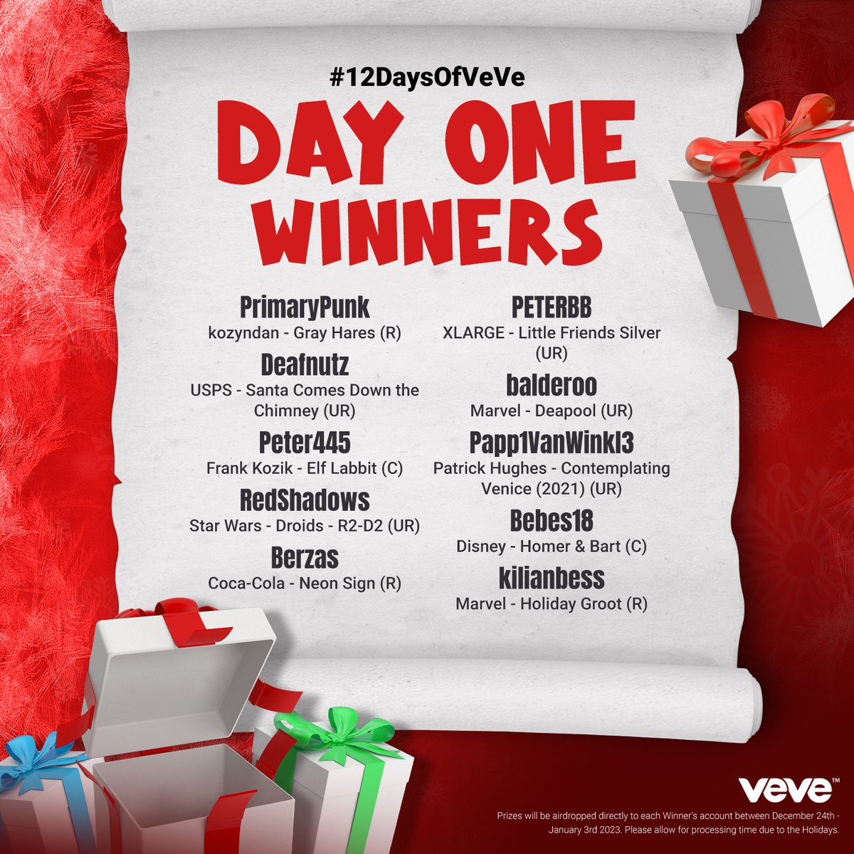 Gifts for day one of the #12DaysOfVeVe are unwrapped! 🎁🎊 

Congratulations to all the winners and thank you to everyone who entered!

Check back every day at 12 PM PT through 23 Dec and you might just find your name on the nice list 😎
