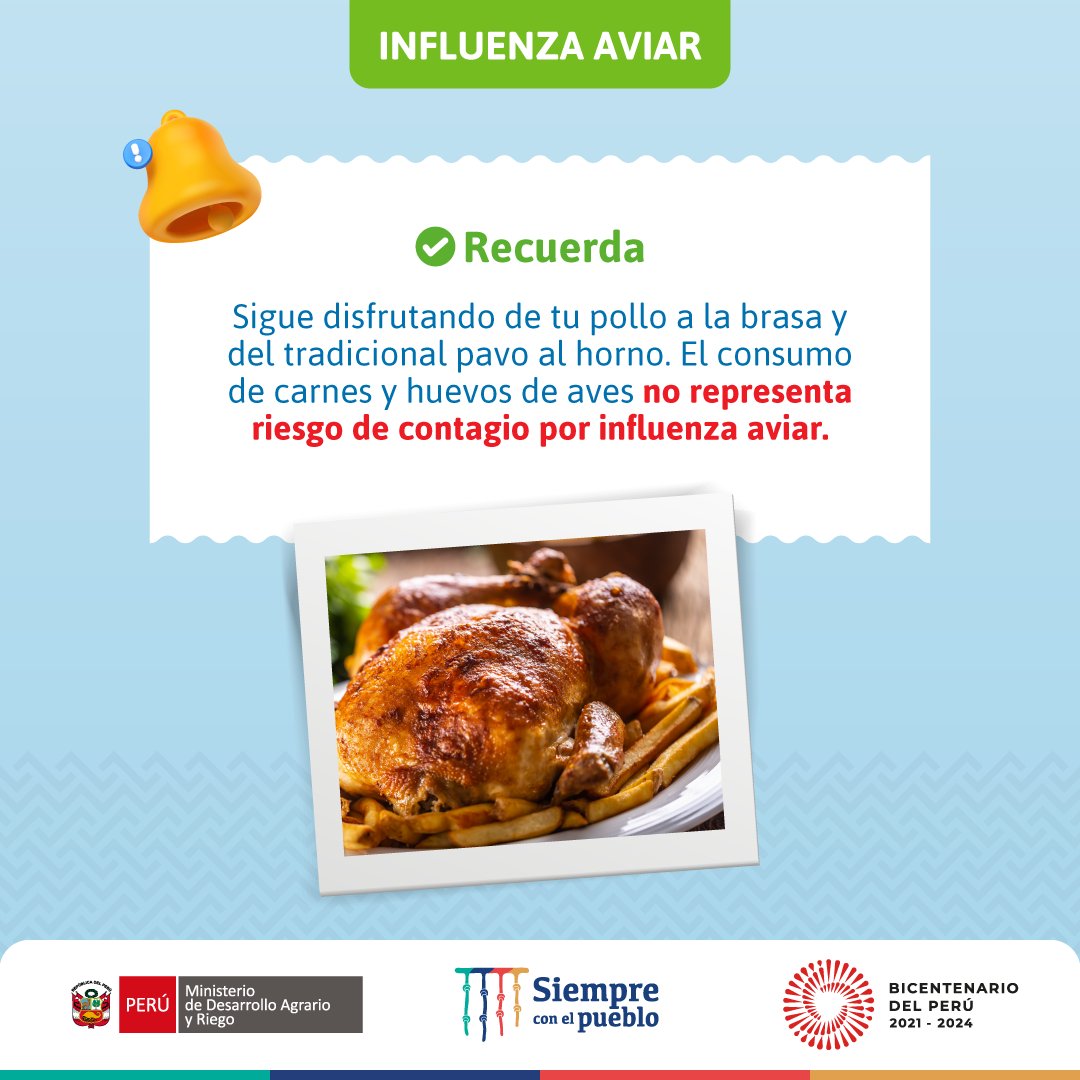 midagriperu's tweet image. Sigue disfrutando de tu plato favorito 🍗, el consumo de carnes y huevos de aves no representa riesgo de contagio de #InfluenzaAviar