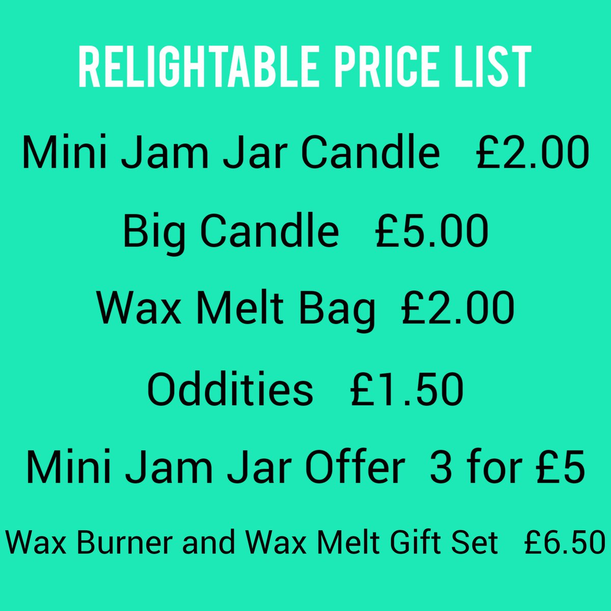 RelightableBHS's tweet image. Here is our product price list, please message us to place an order.

Available in the following scents: 
🎄  Christmas (Cinnamon and Vanilla)
🎄🍊 Orange and Cinnamon 
🍋 Lemon 
🍊 Marmalade (Orange)
🍓Scone Combo (Strawberries and Cream)