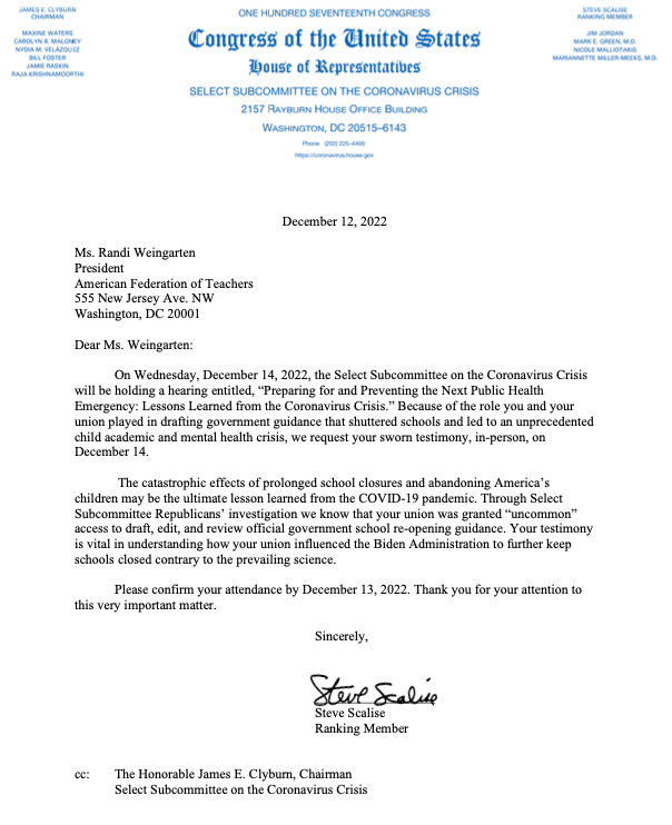 COVIDSelect's tweet photo. 🚨🚨🚨
@SteveScalise has invited @AFTunion President @rweingarten to testify in our hearing this Wednesday.
School closures had catastrophic consequences for American children.
We need answers. https://t.co/pjjNzasHEL