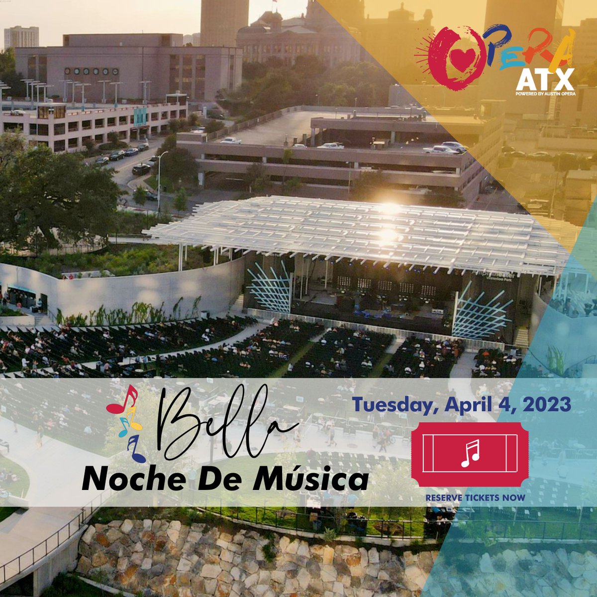 Tickets on sale TODAY!
Be the first to secure your seats for Austin Opera’s Bella Noche de Música at the stunning Moody Amphitheater at Waterloo Park. Join us in celebrating a concert of Latinx music and opera on April 4, 2023, at 7:00 p.m.
 🎫 ⬇️
austinopera.org/opera-atx-bell…