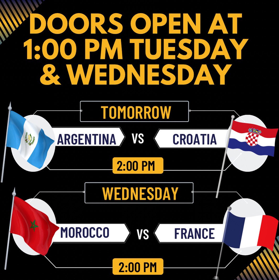 Watch the <a href="/FIFAWorldCup/">FIFA World Cup</a> semi-final games at Hugh’s tomorrow and Wednesday at 2pm. Doors will open at 1pm! 🍻