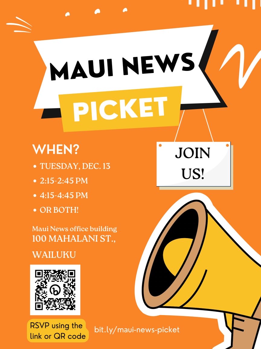 BaldHeadTruth's tweet photo. Doingthis because we have to, join us if you support The Maui News workers, want to keep Maui in The Maui News. My daughter, ⁦@monicacollias⁩, made this poster (so proud). ⁦@JahCollias⁩ ⁦@JordanHelle⁩ ⁦@RobDeMelloKHON⁩ ⁦@billyhull⁩ ⁦@mauimami⁩ https://t.co/TQYpfR186Q