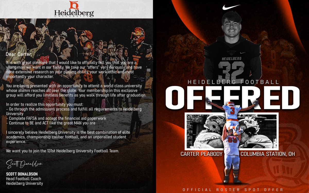 carter_peabody's tweet photo. After a great visit and conversation today with @Coach_Donaldson and @CoachJakubcin I’m honored to receive an offer from Heidelberg @BergFootball @_CHSFootball https://t.co/znqX9MqMZH
