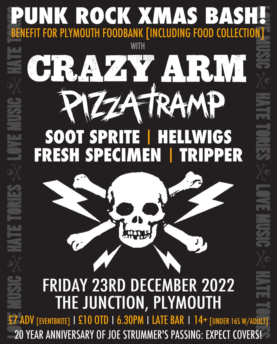 Here's the ticket link to our <a href="/PlymFoodBank/">Plymouth Food Bank</a> xmas benefit show at the Junction, Plymouth on Fri 23rd Dec w/<a href="/PizzaTrampUK/">PizzaTramp</a>, <a href="/soootsprite/">Soot Sprite</a>, Hellwigs, Fresh Specimen &amp; <a href="/Tripper_bandUK/">Tripper</a>. S'gonna rip!

£7 adv; £10 OTD (but no-one turned away due to lack of funds)

eventbrite.co.uk/e/love-music-h…