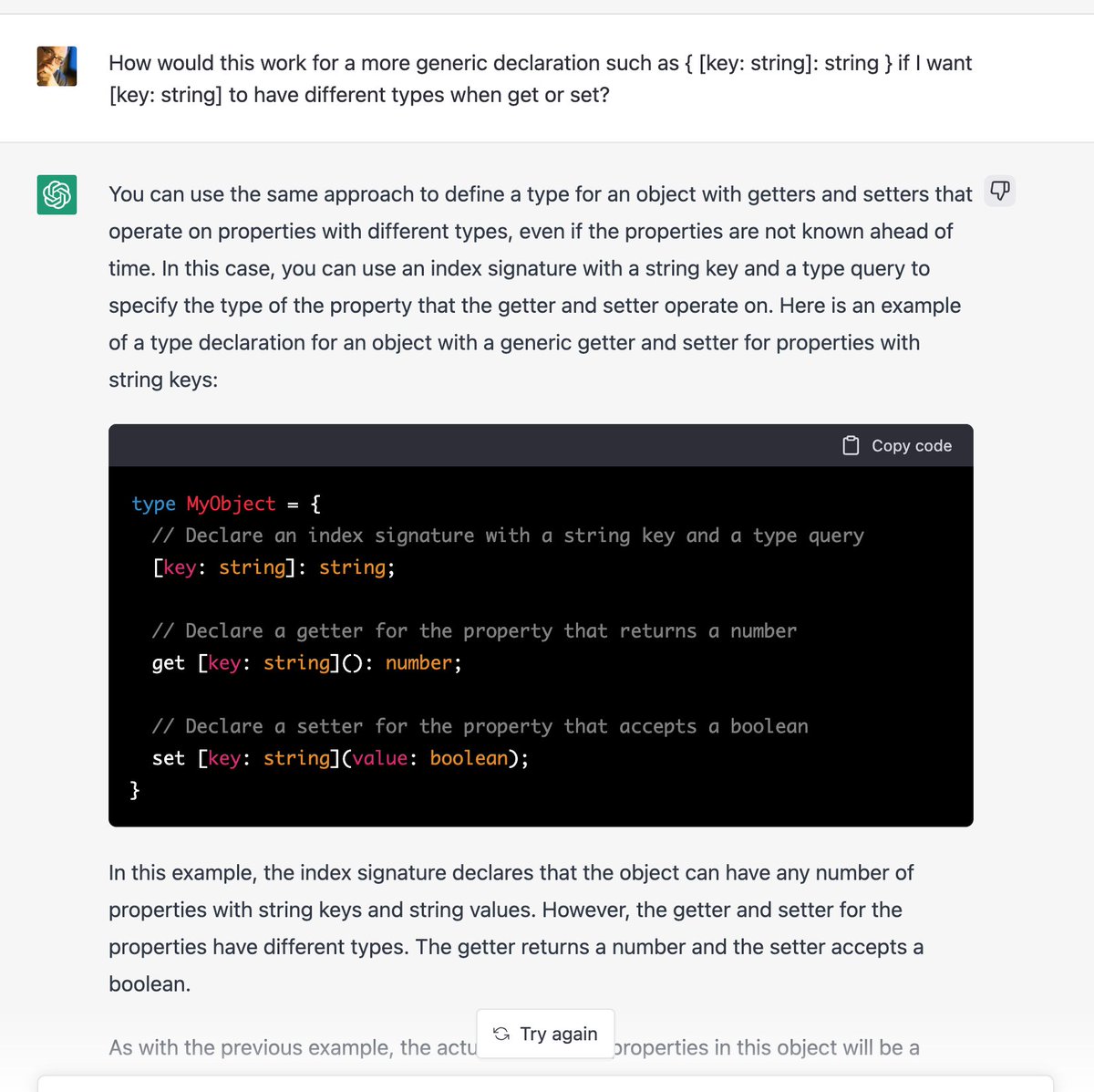 The only problem with this is that it's utter garbage. By the way, trying to guide chatGPT to a less obviously useless answer got it to consistently crash. So there's that. Your programming jobs are safe for now. #TypeScript #chatGPT #JavaScript