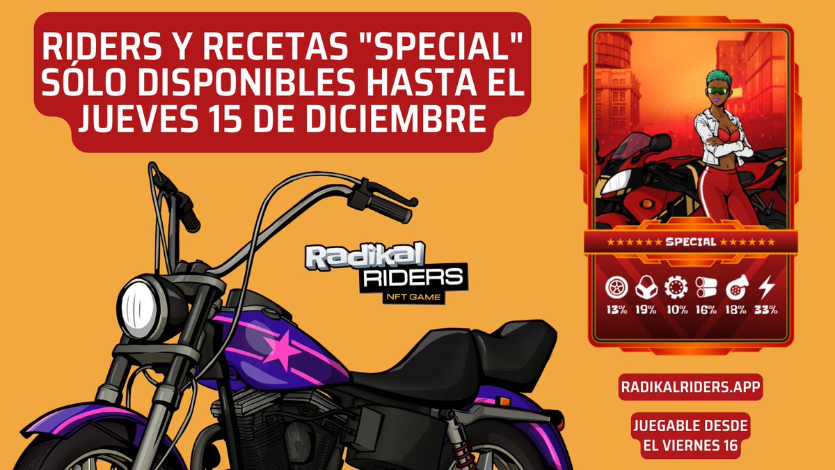 Radikal_Riders's tweet photo. Queridos Riders, la preventa de NFT's y la del Token acaban este jueves. Quedan sólo 3 días para hacerse con un rider o una receta especial. Desde el viernes ya podréis hacer vuestras entregas en Radikalia. https://t.co/oBJxZnNo5X https://t.co/uiQU4ljM64