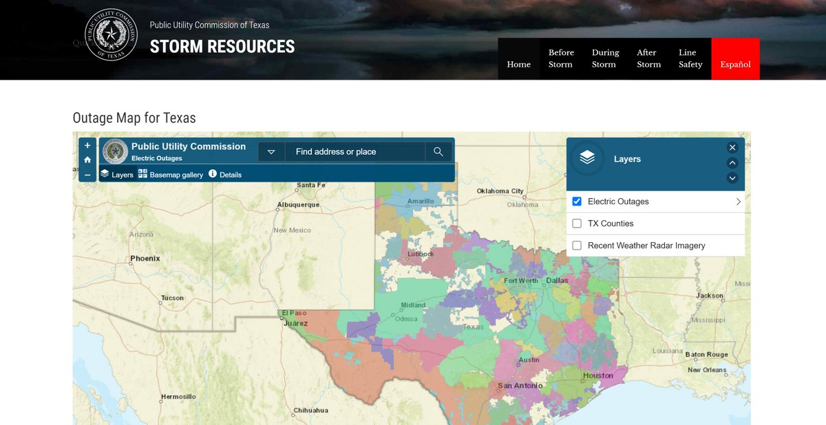 PUCTX's tweet image. If you are experiencing outages contact your local provider - you can monitor outage maps and find contact information for them on our Storm Resources page: puc.texas.gov/storm/ #txwx
