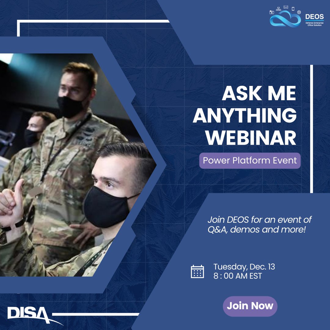 DoW_DISA's tweet photo. Don’t miss the next #AskMeAnything session!
#DISADEOS and the Power Platform team will share everything Power and answer all your questions, big and small. See you there!
⏰: 8 AM & 6 PM EDT
🔗: https://t.co/T4xRyTPbn5 https://t.co/92H44hG65l