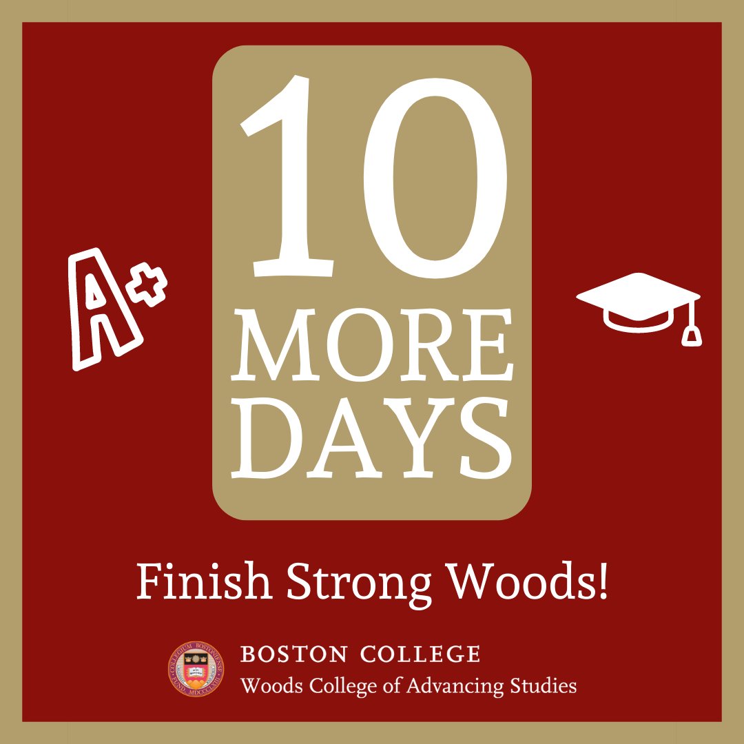 BCWoodsCollege's tweet photo. Only about 10 more days until the end of the Fall 2022 Semester! Keep on pushing and finish those final assignments, Woods students. You can do it!
#BCWoods #BostonCollege #FinalExams #FallSemester2022 #WeAreBC https://t.co/cWp7J2VFnq