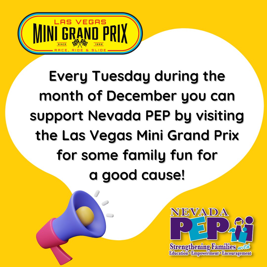 NevadaPEP's tweet photo. 📢Every Tuesday in December, you can support Nevada PEP by heading to Las Vegas Mini Grand Prix and having some family fun for a good cause!

🏁@LVMiniGranPrix is located at 1401 Rainbow Blvd. Las Vegas, NV 89108🏎️

#familyfun #gokart #lasvegas #lvmgp #vegas #vegaskids #nevadapep https://t.co/xaQdGvr6lR