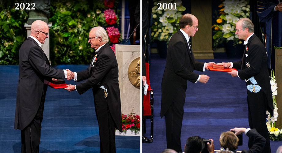 Duplicate images? Almost. This past weekend saw K. Barry Sharpless receive his #NobelPrize at the awards ceremony in Stockholm – the same honor he experienced around this time over 20 years ago. #doubleNobel